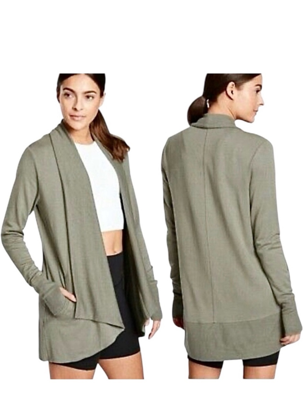 Athleta Pranayama Wrap Cardigan Sage Green Relaxed Fit Thumb Pocket Size 8
